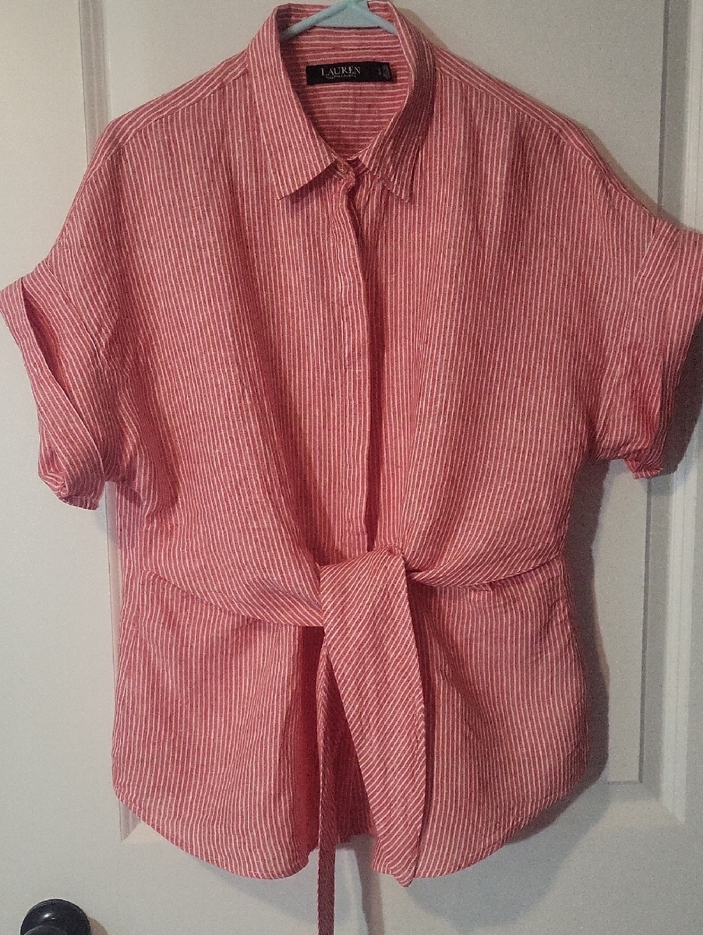 Lauren Ralph Lauren Pink Striped Tie-Front Button Down Shirt